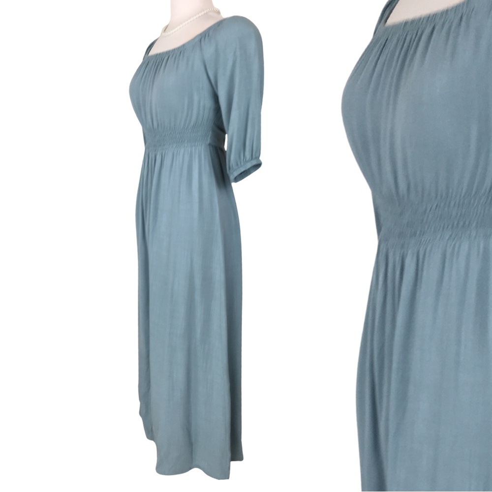Forever 21 Chambray Blue Off Shoulder 3/4 Sleeve Smocked Waist Maxi Dress Small - Picture 2 of 13
